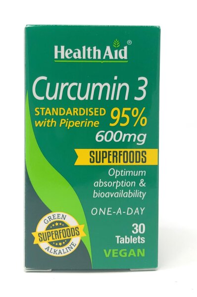 HealthAid Curcumin 3 600mg (Standardised 95% with Piperine) 30 Tabletten (vegan)