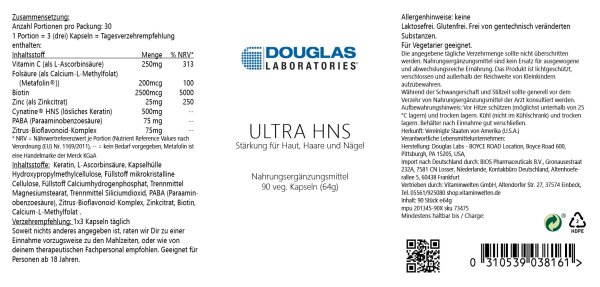 Douglas Laboratories USA Ultra HNS Hair, Skin, Nails Formula 90 veg. Kapseln (64g)