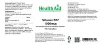 (2er Bundle) HealthAid Vitamin B12 (Cyanocobalamin) 1000µg 100 veg. Tabletten S/R (vegan) | 2x100 Tabletten